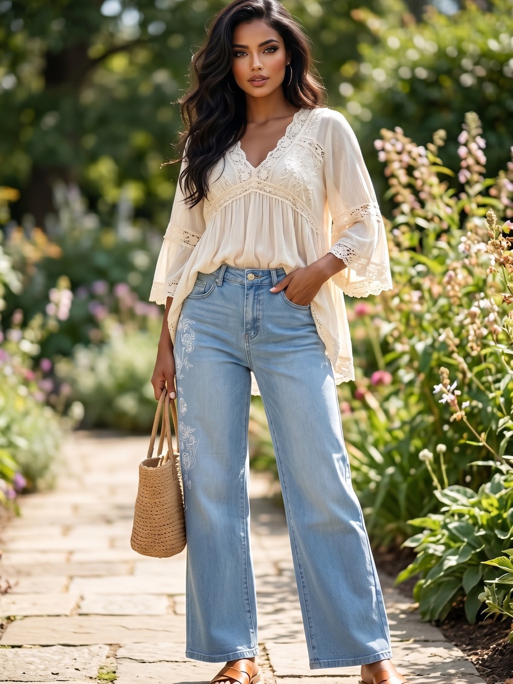 🌟B724. Stylish Wide Leg Embroidered Stretchy Jeans